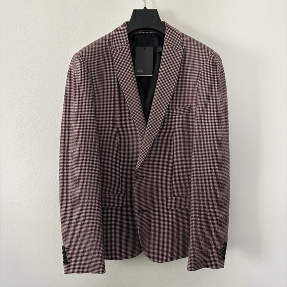 ASOS Blazer Jacket Checkered Burgundy Black Men's Casual Sport Jacket 44R Silm - Picture 1 of 15